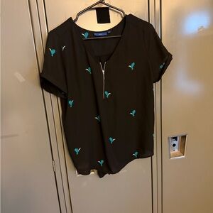 Apt. 9 Black Short Sleeve Blouse with Blue Hummingbird Pattern